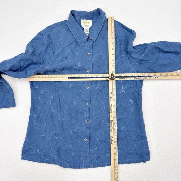 Talbots Linen Top Size Medium‎ Blue Chambray Floral Embroidered Irish Linen Boho - Picture 8 of 10